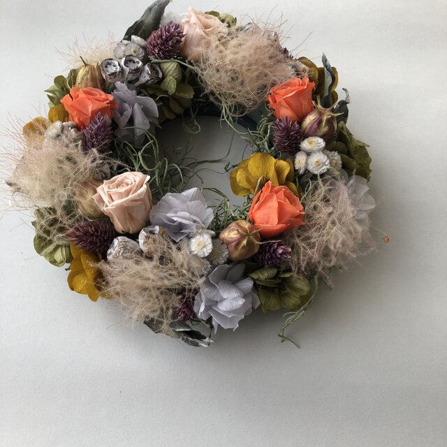 autumn スモークツリーと紫陽花のリース【オレンジ】の画像1枚目