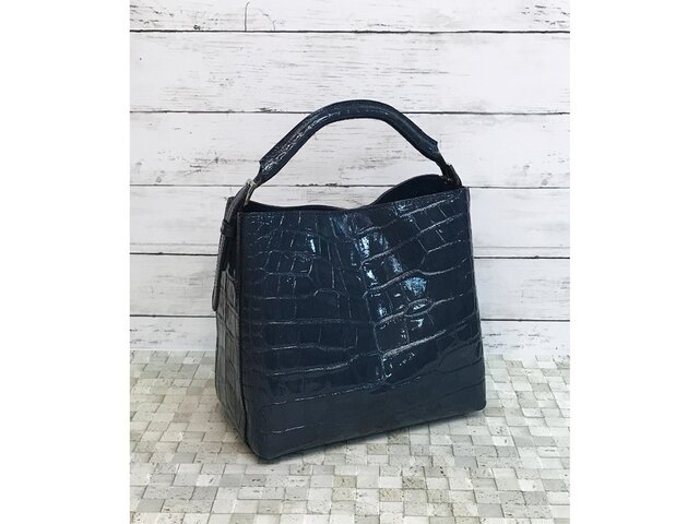 定番♪ 牛革エナメルcroccoバッグ バケツタイプ&ショルダー 2way BULEGREYの画像1枚目