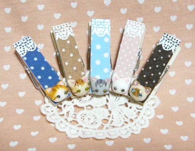 にゃんこのしっぽ○なかよしにゃんこ○ウッドピンチセット4の画像1枚目