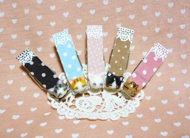 にゃんこのしっぽ○なかよしにゃんこ○ウッドピンチセット5の画像1枚目