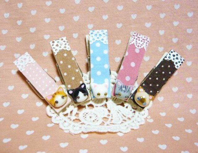 にゃんこのしっぽ○なかよしにゃんこ○ウッドピンチセット6の画像1枚目