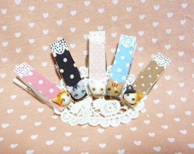 にゃんこのしっぽ○なかよしにゃんこ○ウッドピンチセット7の画像1枚目