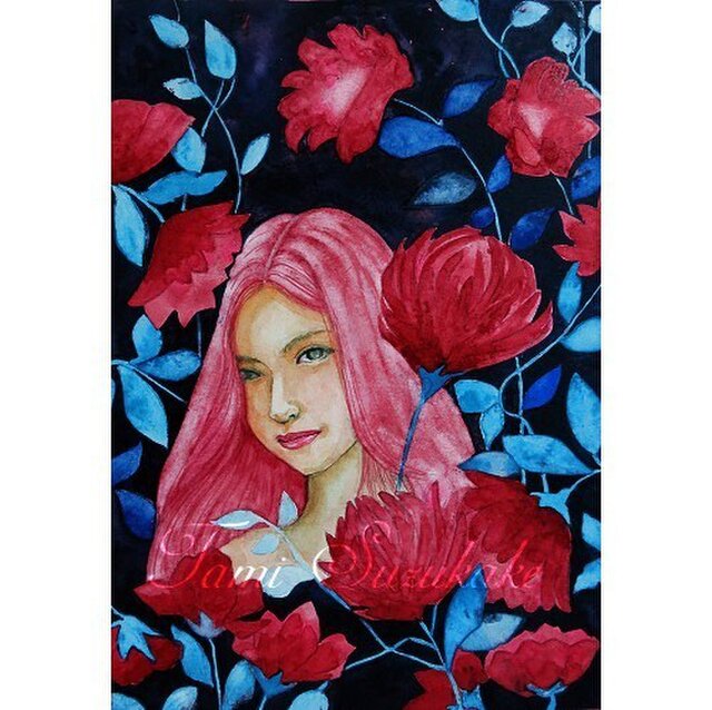 水彩・原画「美人画・情熱の花」 | iichi 日々の暮らしを