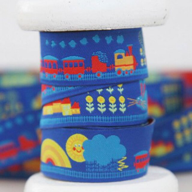 ドイツファーベミクス 刺繍リボン 1m-鉄道と街 ブルーの画像1枚目