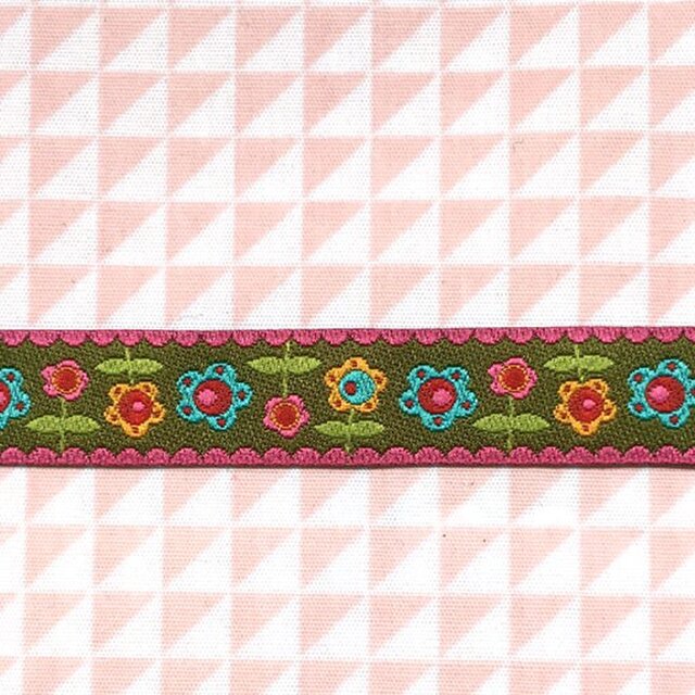 ドイツファーベミクス 刺繍リボン 1m-フラワー ブラウンXピンクの画像1枚目