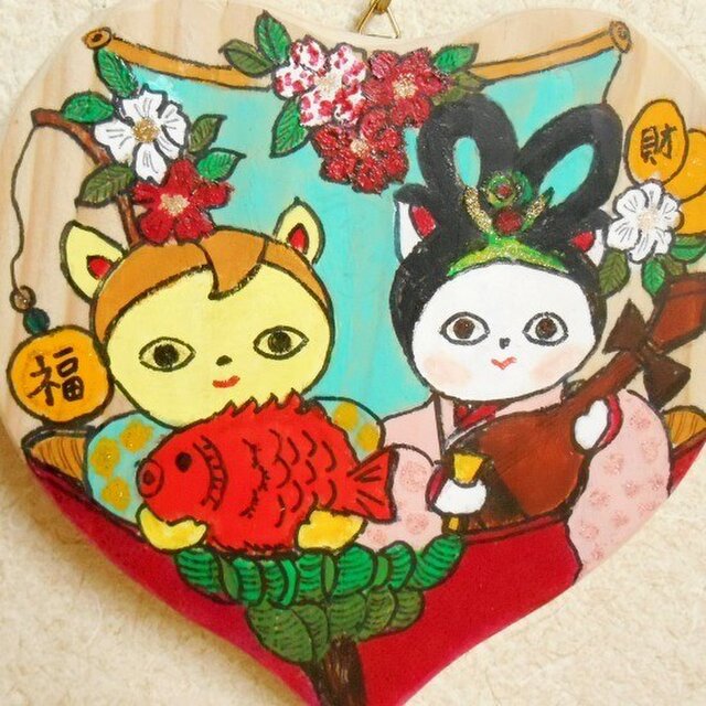 ハートの飾り猫 七福神大黒天と弁財天風のかわいい猫 絵馬風かわいい飾り絵 お正月飾りに Iichi ハンドメイド クラフト作品 手仕事品の通販