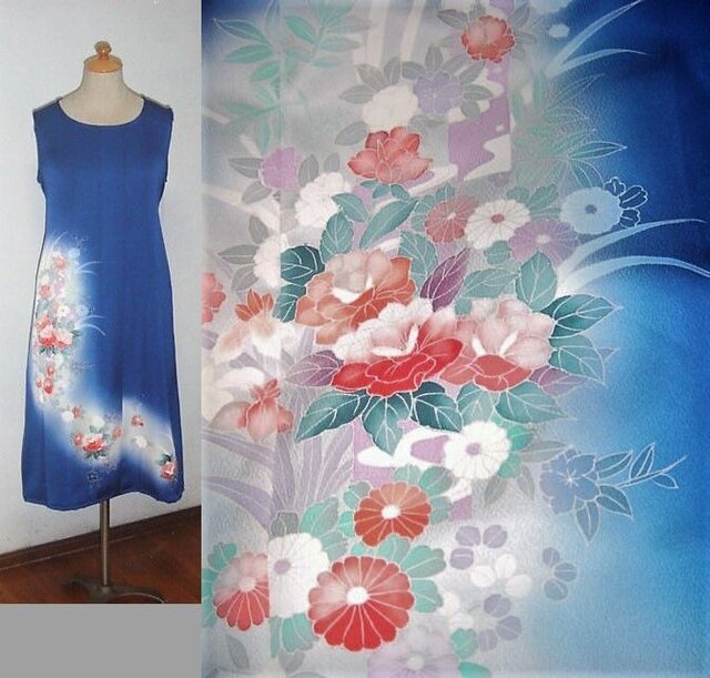 Sold Out着物リメイク♪ロイヤルブルー花柄訪問着ワンピース 