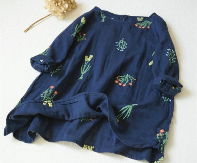 【受注製作】綿麻刺繍!可愛綿麻製トップス・ブラウス098016 青の画像1枚目