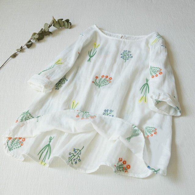 【受注製作】綿麻刺繍!可愛綿麻製トップス・ブラウス098016 白の画像1枚目