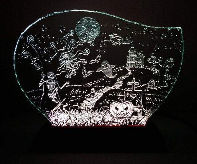 ハロウィンのガラスエッチングパネル Lサイズ・LEDスタンドセットの画像1枚目