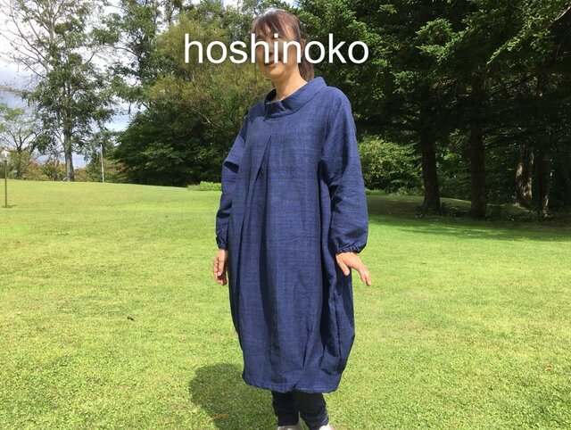 花草紡ぎ☆手織りワンピースTHICK黒藍☆15N-114☆コットン☆手紡ぎ綿藍染め☆星のこ工房の画像1枚目