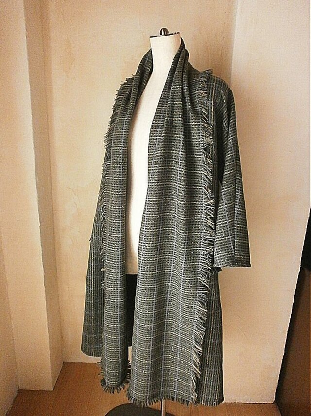 SOLD ドレープローブ コーディガン ウールミックス カーキグリーン チェックの画像1枚目