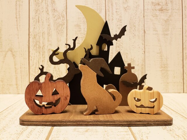 ハロウィン☆ジャックランタンと柴犬の置物☆Halloween☆ハロウィーン☆犬種の変更も色変更も可能!の画像1枚目