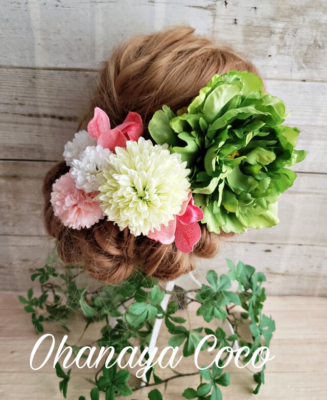 爽花 グリーン系芍薬とマムの髪飾り7点Set No284