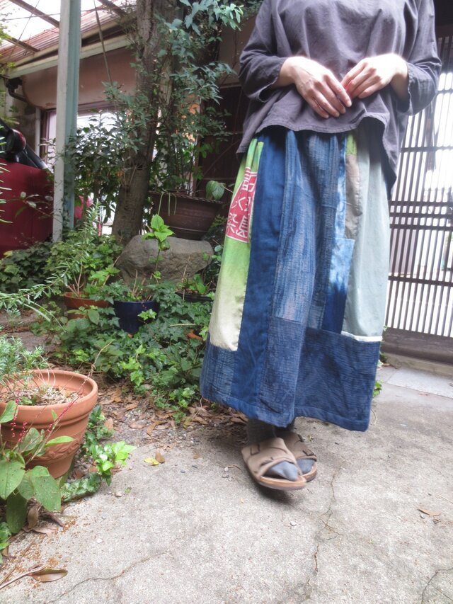 2018秋の装い☆のぼり端と藍染で大人女子のロングスカート（サルエルに変更可）