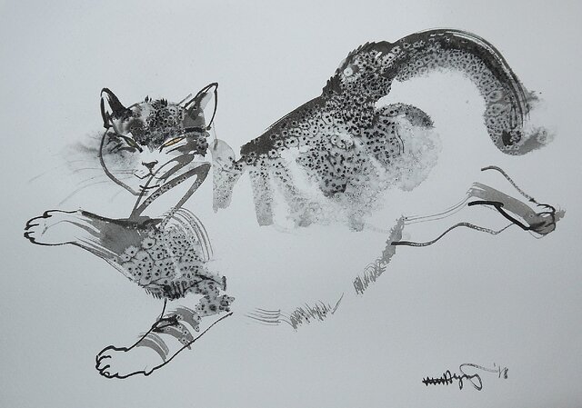 Lazy Cat 1 (墨絵、水彩画用紙、24,5cm×35cm)の画像1枚目