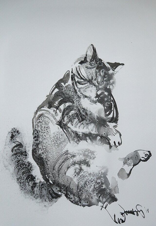 Lazy Cat 2(墨絵、水彩画用紙、24,5cm×35cm)の画像1枚目