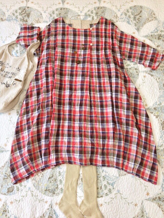 ★上質リネン100% チェックワンピース★赤終了