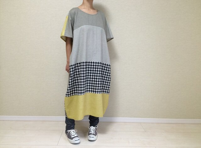 ※オーダー品※フレンチスリーブのゆるワンピ011(グリーン×イエロー)の画像1枚目