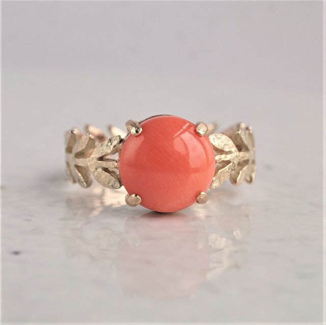 Pink coral Olive leaf ring {OP711K10}の画像1枚目