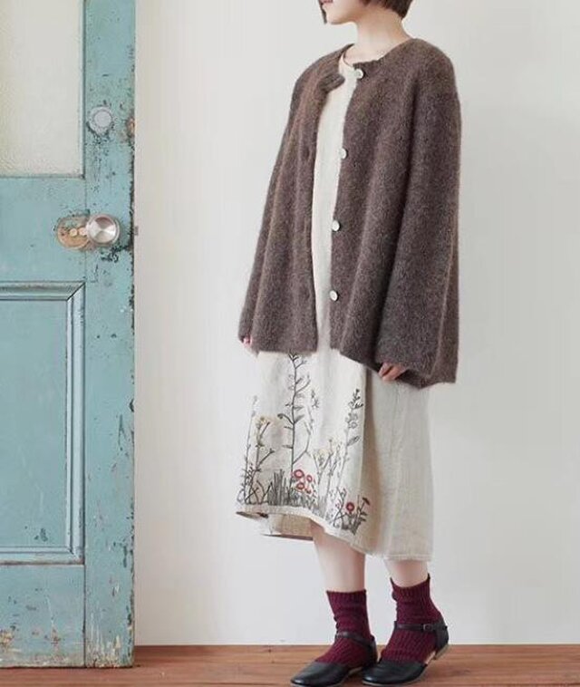 【受注製作】手作綿麻・ロング・天然麻生地刺繍 ワンピース TR33490の画像1枚目