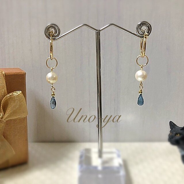 ロンドンブルートパーズ&パールのピアスの画像1枚目
