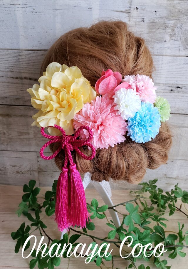 甘花 ビビッドpinkタッセルの髪飾り8点Set No293