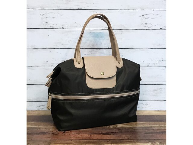 軽量ナイロン フェイクレザーTRIM 2WAY トート キャリーオン CHOCOの画像1枚目