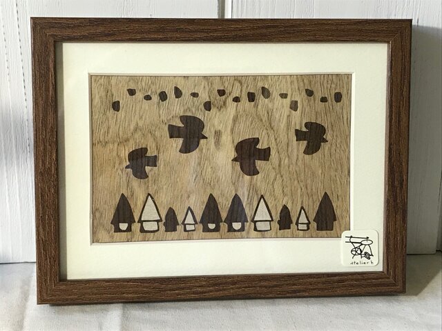 木の絵 木象嵌 町と鳥の画像1枚目