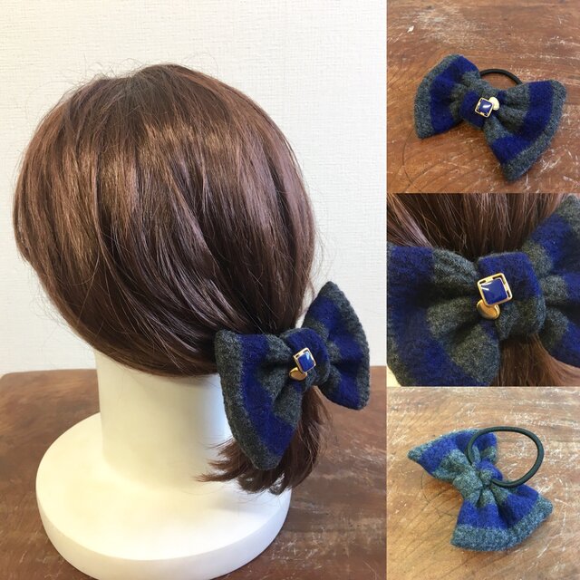 セール価格★ふわふわ★モコモコ❤️ボーダー柄のニットのボタン付ヘアゴム ブルーの画像1枚目