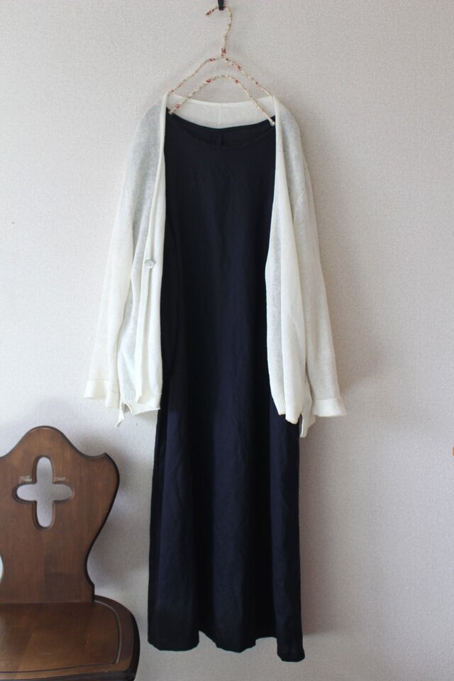 ギャザー裾ワンピースFRENCHLINEN100%・Navy Blueの画像1枚目