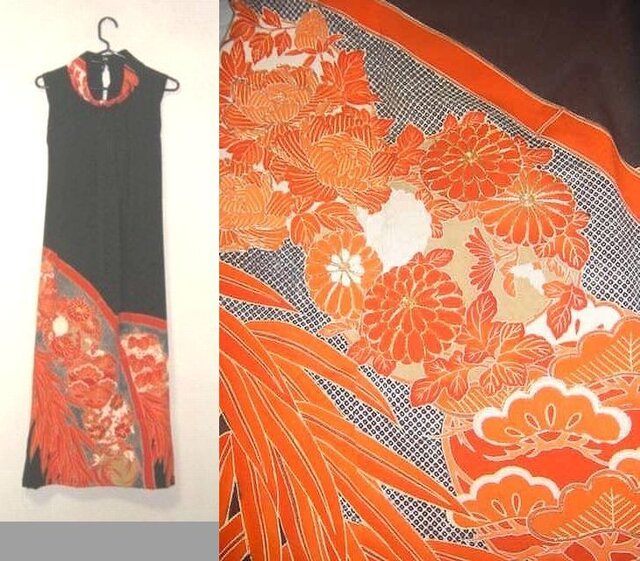 留袖リメイク♪花の刺繍が豪華な留袖ハイネックワンピース♪ハンドメイド・正絹・花柄・刺繍ボレロ付きの画像1枚目