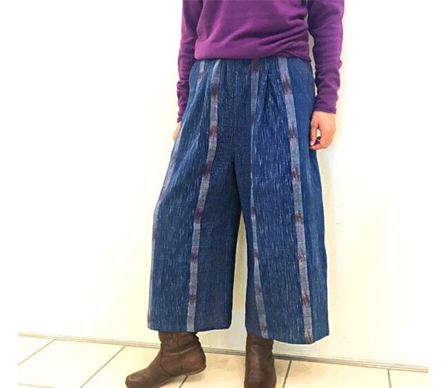 美しい手織り綿、コットンロングパンツ、ブルー、フリーサイズ、オールシーズンの画像1枚目