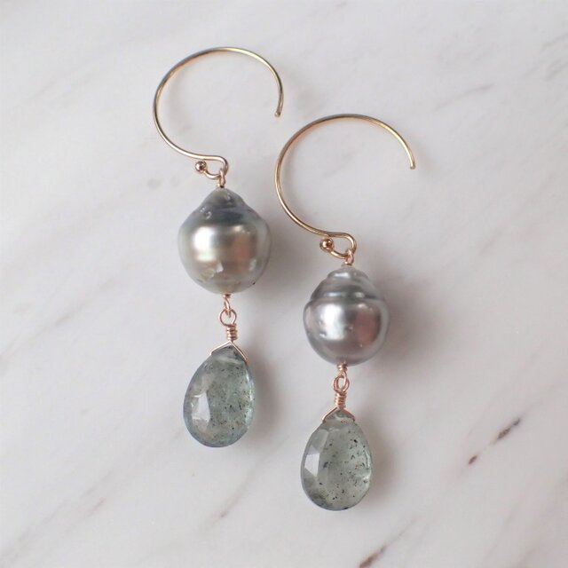 K14GF moss aquamarine & tahitiab pearl pierceの画像1枚目