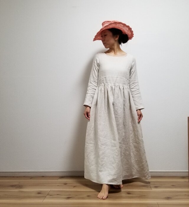 再販＊マッシュルーム色のアンティーク風リネンのワンピース