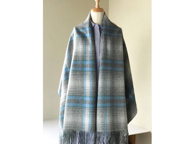 尾州織り大判CHECK 100% カシミヤブランケットショール(Gray×Blue・Gray)の画像1枚目