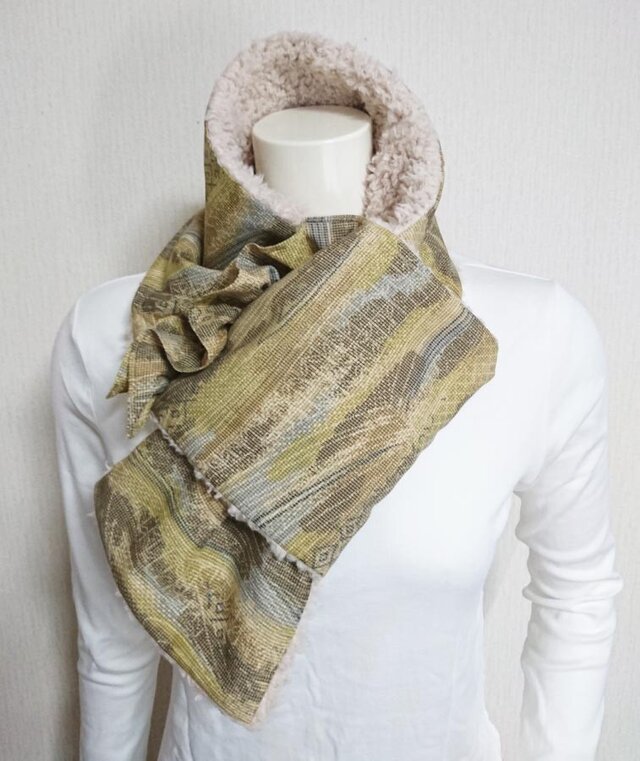 101＊2点限り 紬着物リメイクボアマフラー(辛子）