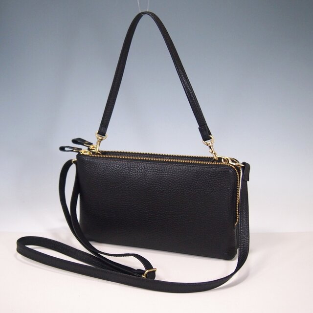 ★日本製★牛革★お財布ポシェット★ダブルファスナー★ハンドル付き(取り外し可）★斜め掛けショルダーバッグ★クロ色★