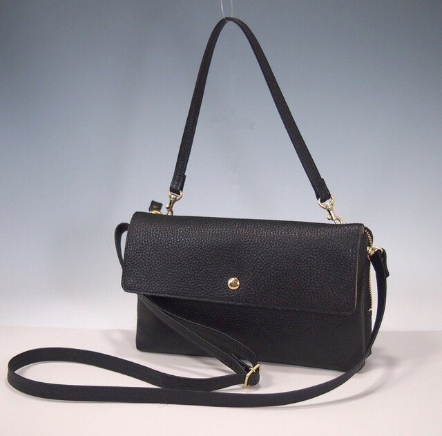 財布 バッグ ブラック ☆日本製☆牛革☆お財布ポシェット☆カブセ☆ハンドル付き(取り外し可