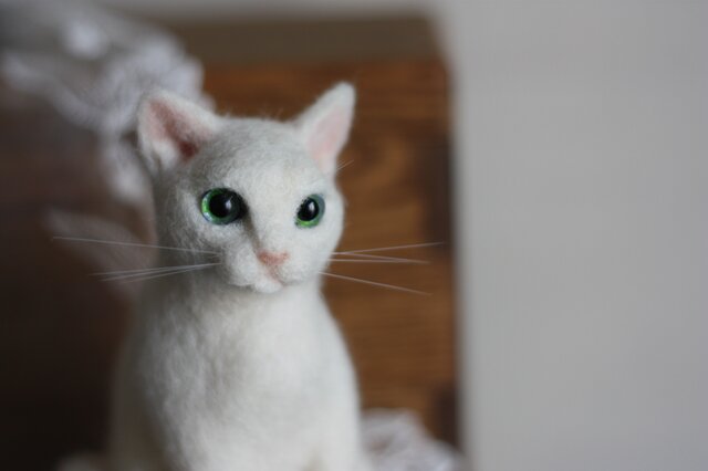 羊毛フェルト　白猫 羊毛フェルト猫 白猫フレーム