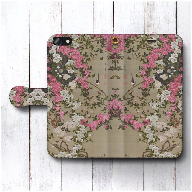 【伊藤若冲 薔薇】スマホケース手帳型 iPhoneⅩ XS 全機種 対応 TPU レザー 名画