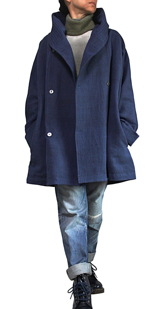 ジョムトン手織り綿ゆったりフーデッドコート インディゴ紺（JFS-148-03） | iichi ハンドメイド・クラフト作品・手仕事品の通販