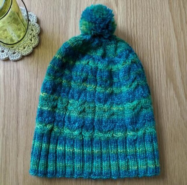 【sale!】アラン模様のニット帽子*明るいブルー/グリーンの画像1枚目