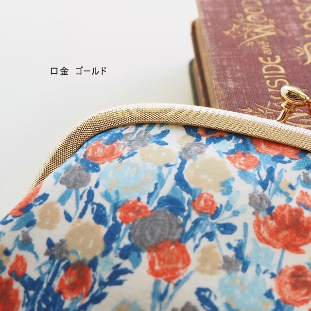 □リバティプリントのがま口ポーチ (石目模様の口金）/ ロゼッタ