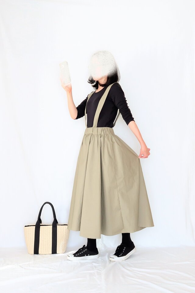 高密度コットン♡大人のサスペンダースカート♡ベージュ♡細見え・美シルエット♡2WAY服・コットンタイプライターの画像1枚目