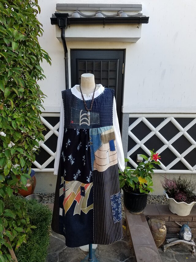 着物リメイク　手作り 　かすり、縞に旗、中型などパッチ　ジャンパースカート