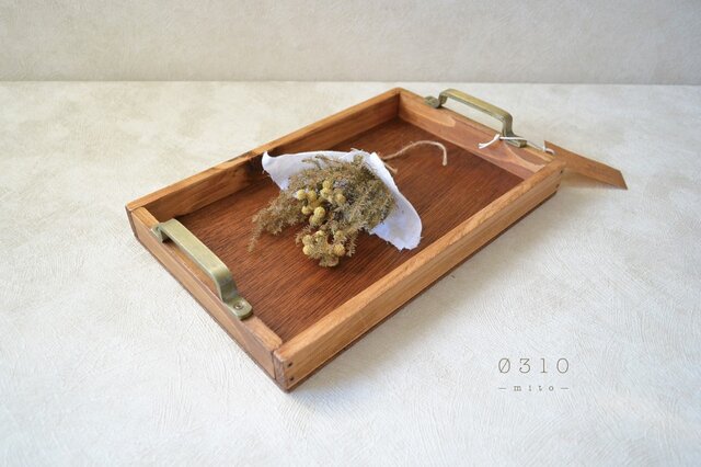 0310 国産ひのきのシンプルカフェトレイ(アンティーク色×アンティークゴールドの取手)の画像1枚目