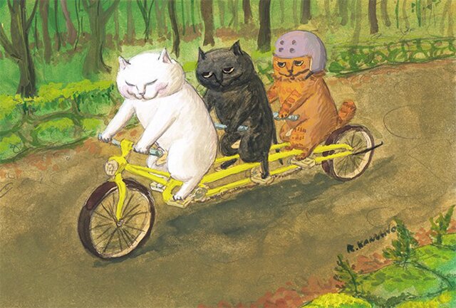 カマノレイコ オリジナル猫ポストカード「高原サイクリング」2枚セットの画像1枚目