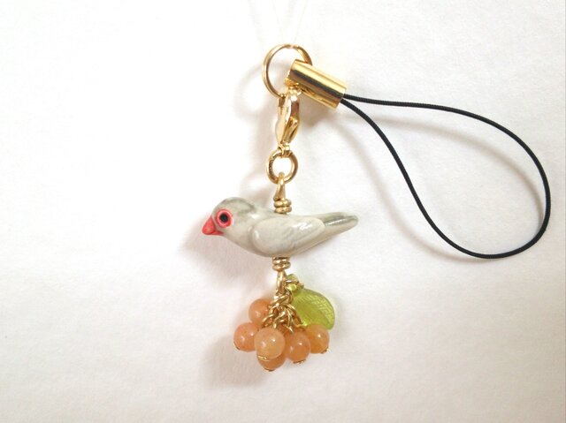 シルバー文鳥 陶ストラップ&チャームの画像1枚目