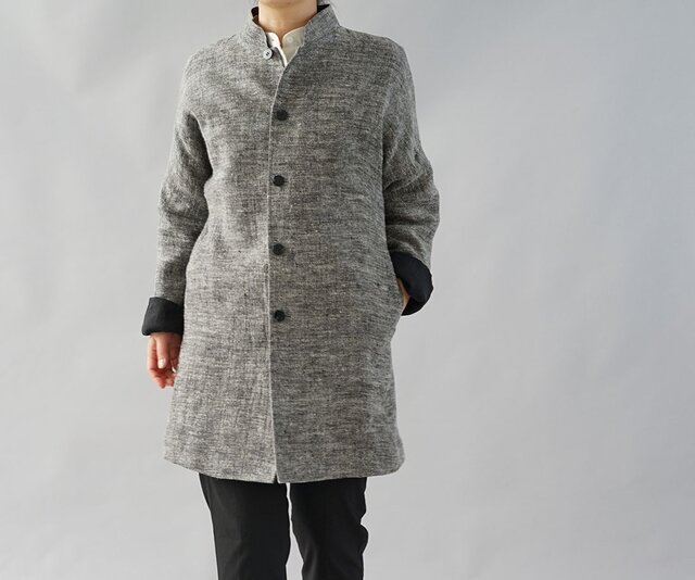 【wafu+】メンズ仕様 厚地 起毛 暖かい リネンコート スタンドカラー 裏地付/黒×生成り h040a-bki3の画像1枚目